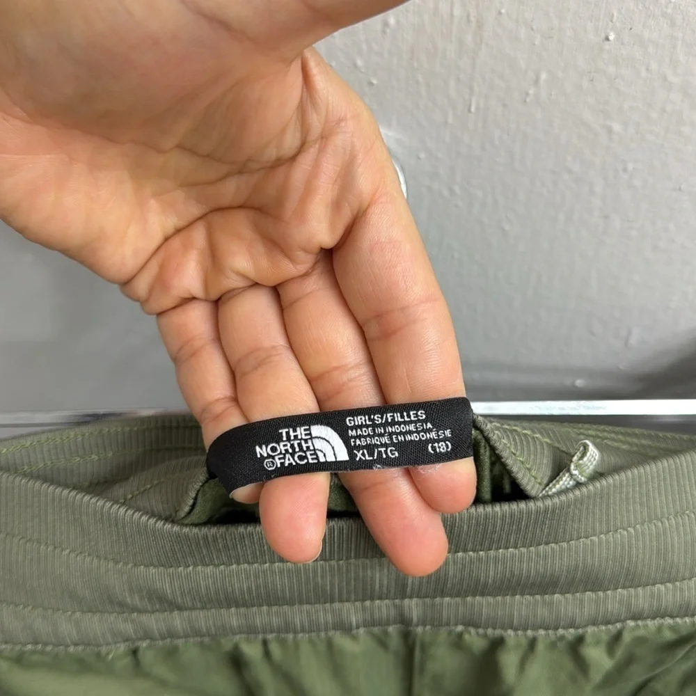 NORTH FACE Girls Jogger Pants XL (18) Olive Green Ruched Cropped Pull On Outdoor